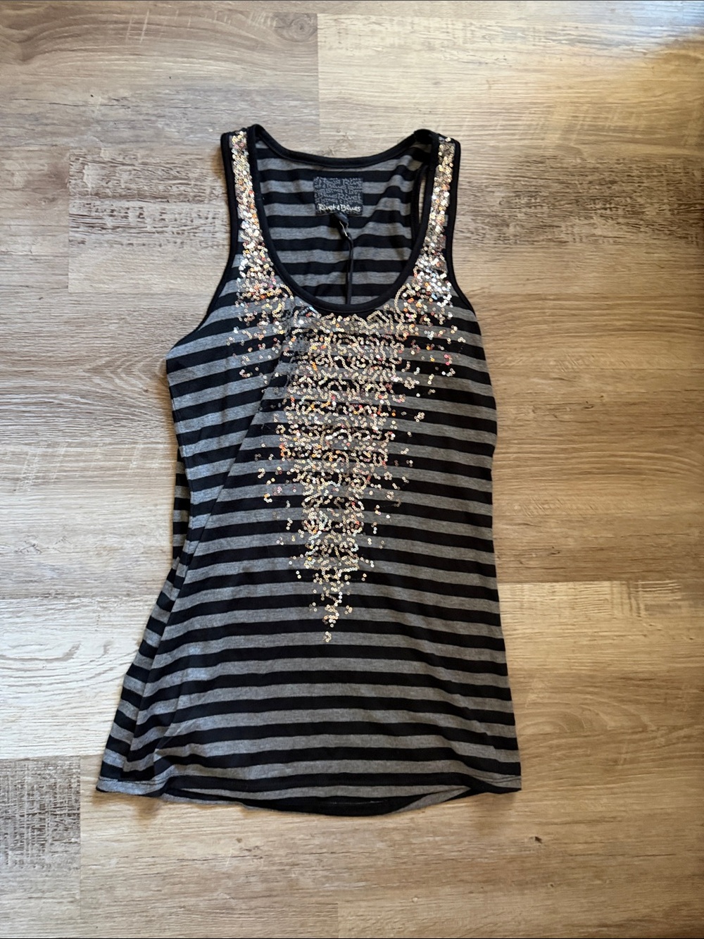NWT Rivet Blues Black/Charcoal Stripe Spray Sequin Tank Top